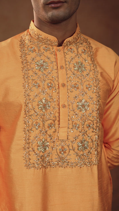 Mustered yellow intricate pitta work with off white straight pant
