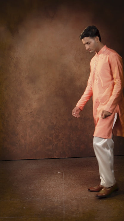 Coral pink minimalistic pitta work Kurta with off white straight pant